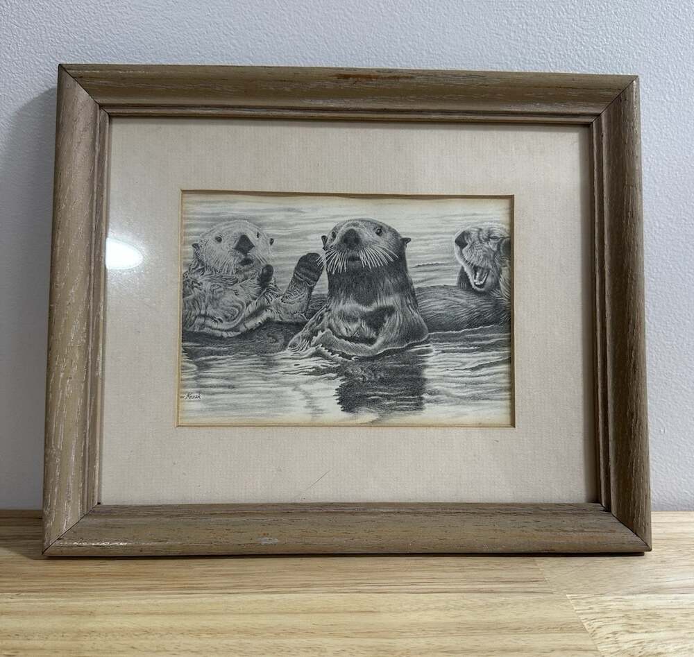 Andrew Kozak Signed Sea Otters Print Matted & Framed Landscape Drawing